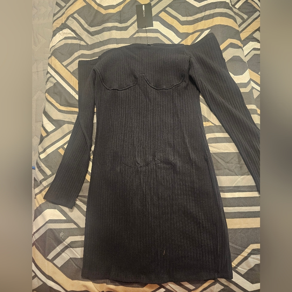 Fashion Nova Black Asymmetrical Ribbed Bodycon Dress